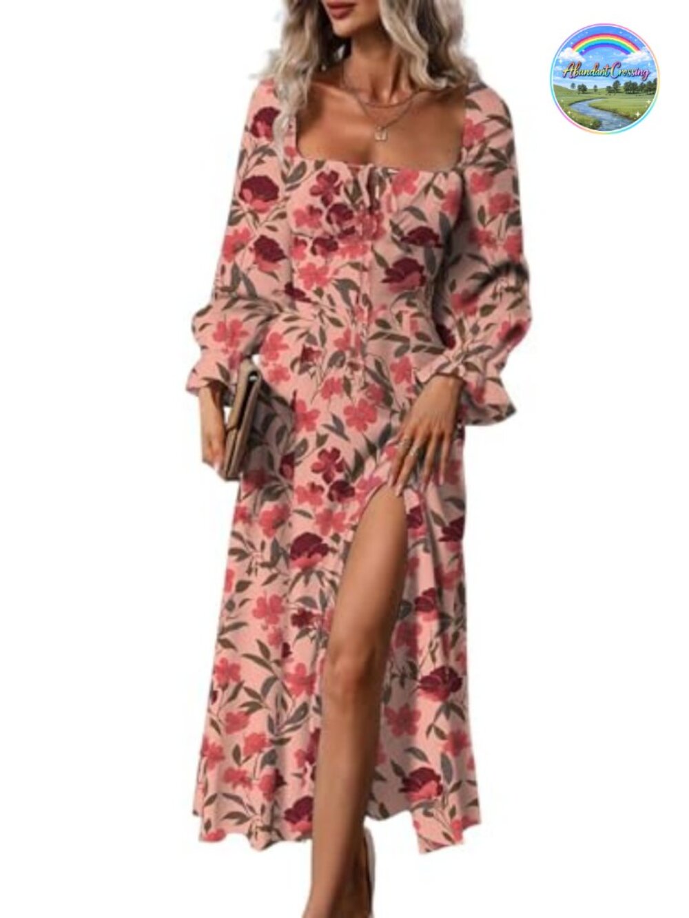 Square Neck Boho Floral Midi Dress Long Sleeve Side Split A-Line